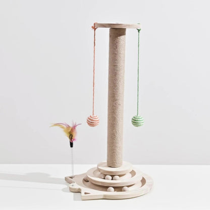 Multi-Level Sisal Cat Scratching Post 4-in-1 with 6 Wooden Balls 2 Hanging Balls & 2 Feather Teaser Toys – Premium Thickened Sisal Anti-Slip
