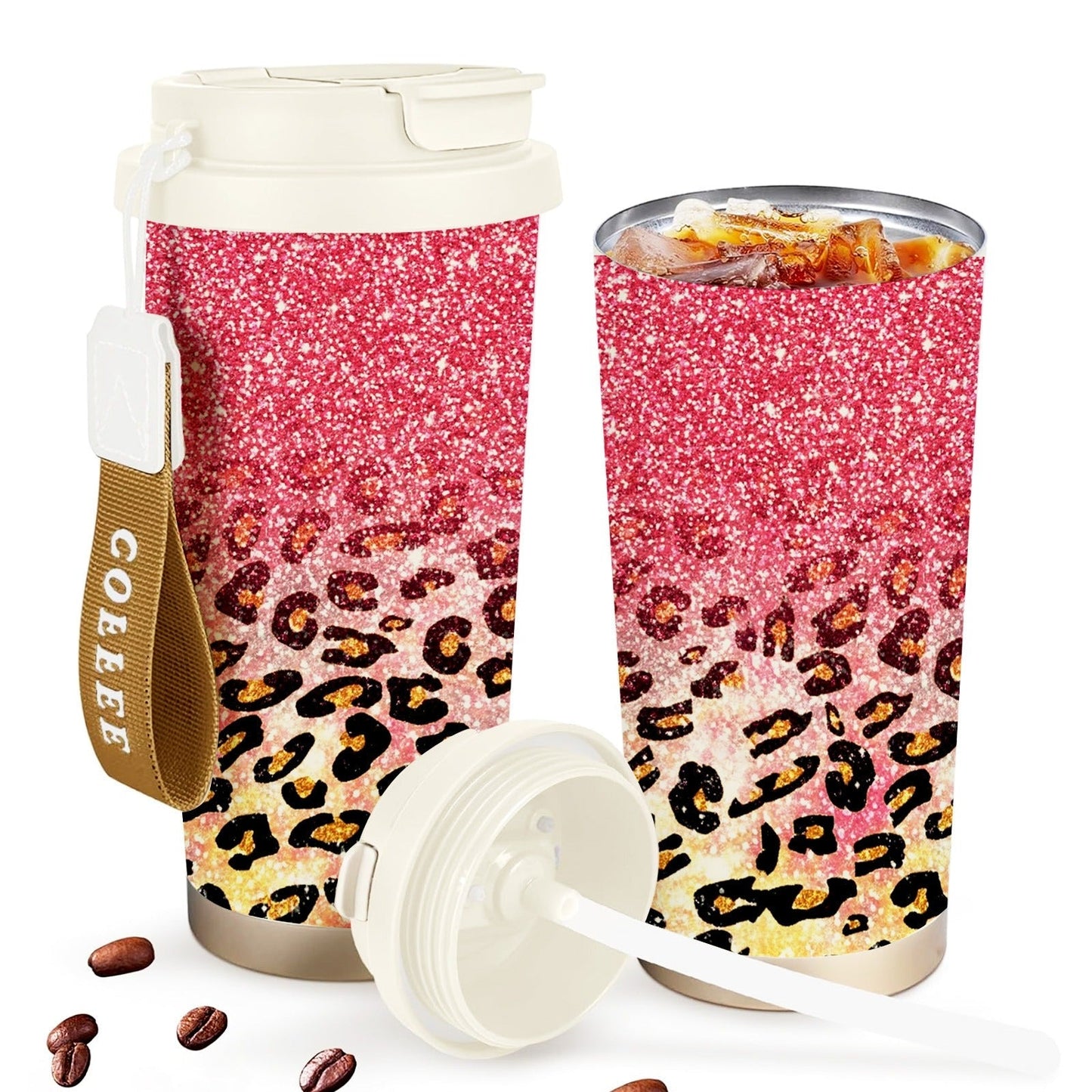 Glitter Leopard Print 18oz Stainless Steel Tumbler with Fold-Down Straw Lid and Carry Strap