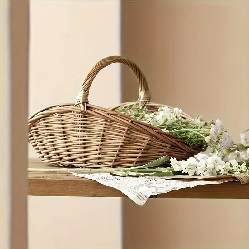 Seagrass Wicker Storage Basket with Handles, Handwoven Oval Farmhouse Organizer in Single-Piece Format