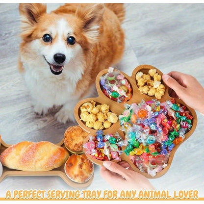 Bamboo Pet Food Bowl Set – Paw & Bone Shaped Wooden Serving Tray with 5-Compartment Snack Platter, Natural Charcuterie Board for Dogs