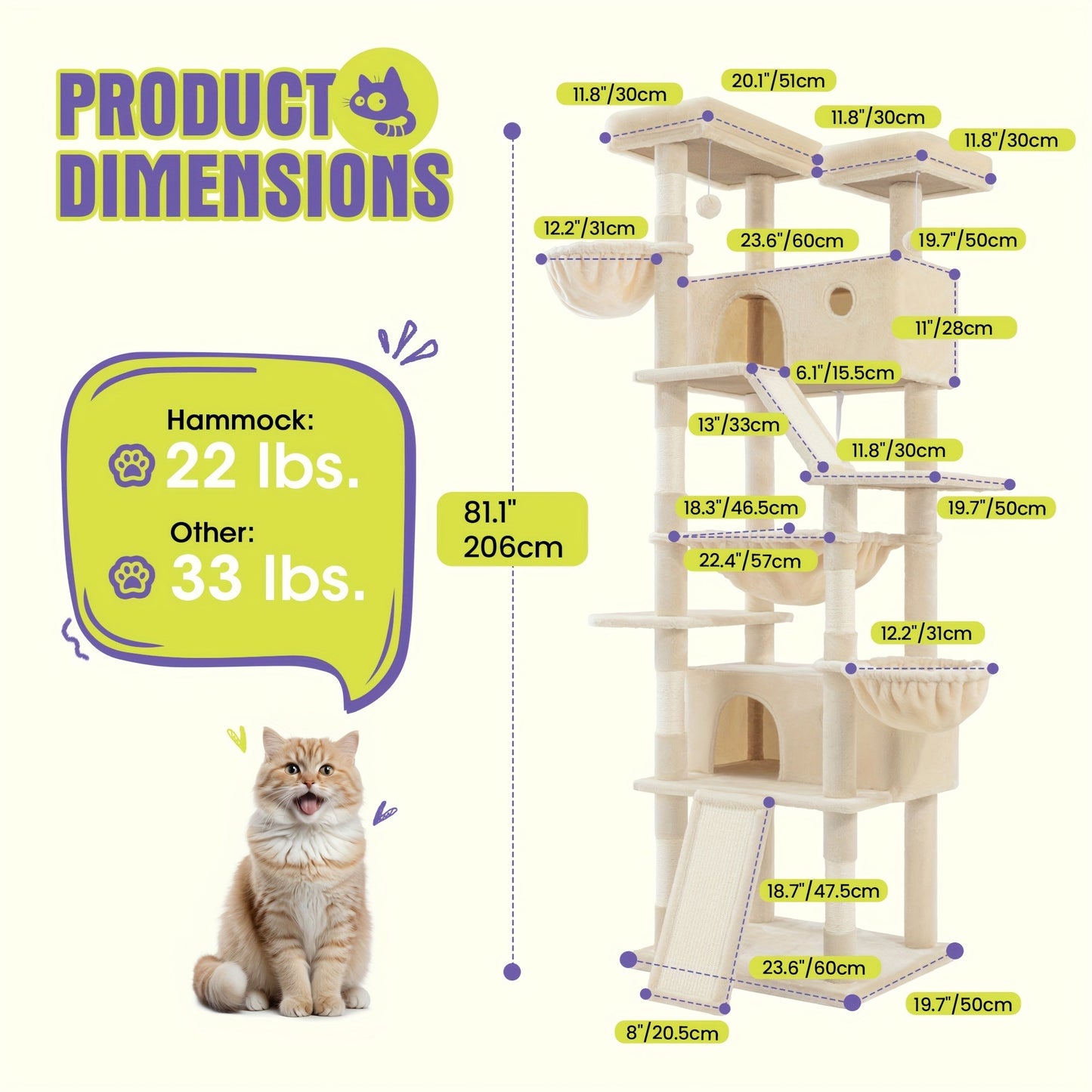 Cat Tree Tower Multi-Level for Indoor Cats – Cat Furniture with Sisal Scratching Posts, Plush Perches, Hammock, Basket & Corner Condo Cave