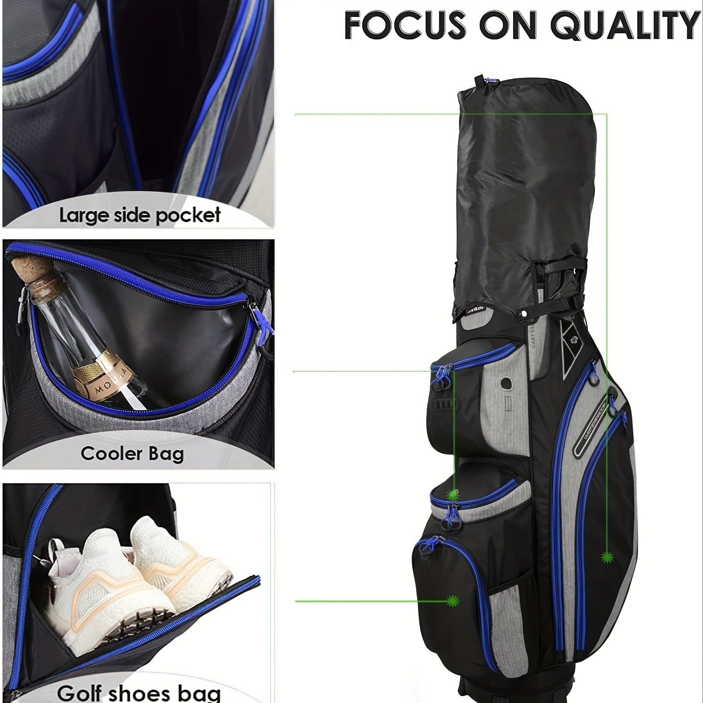 Golf Cart Bag with Full-Length Dividers – Sturdy Spacious Stand Bag with Multiple Pockets for Golf Club Organization, Accessories Storage