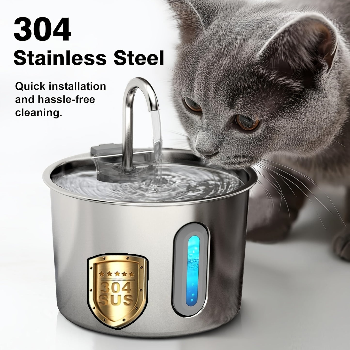 Stainless Steel Cat Water Fountain 74oz – 304 Food-Grade Steel, Ultra-Quiet USB Pump, 3-Stage Filtration, Visible Water Level Window