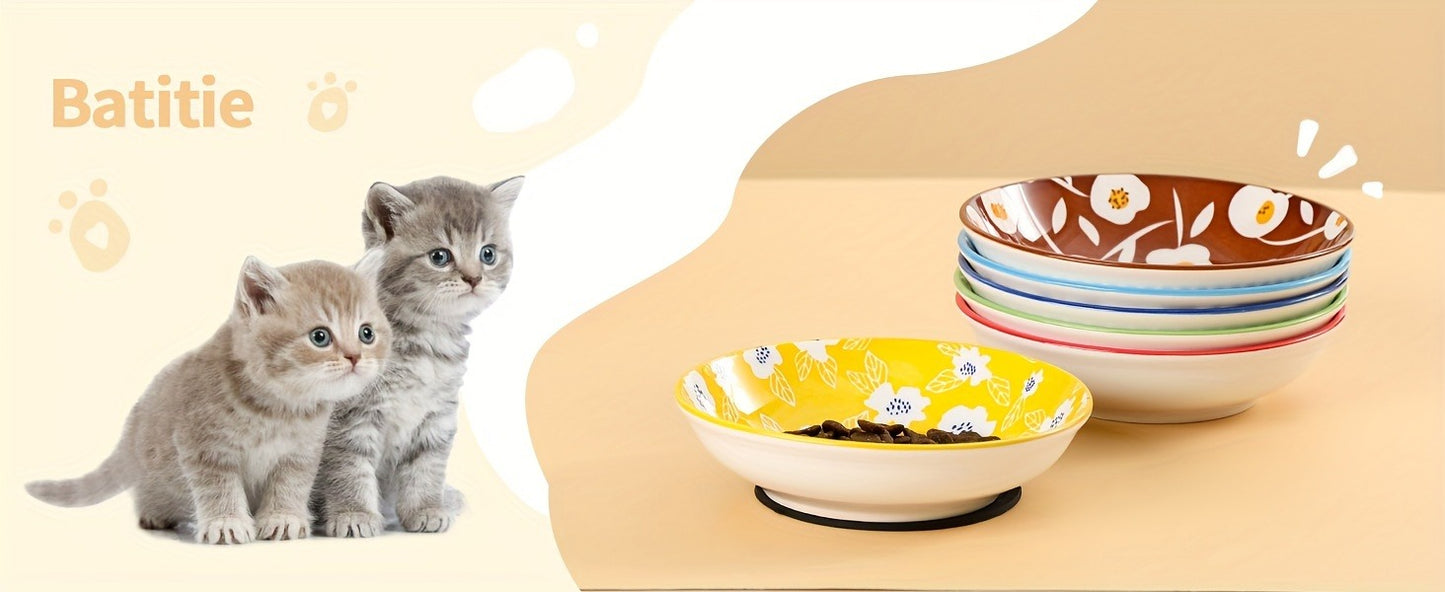Ceramic Cat Bowls Set of 6 – Shallow Wide Cat Food Plate Whisker Friendly with Non-Slip Mat, Fairy Tales Colorful Design