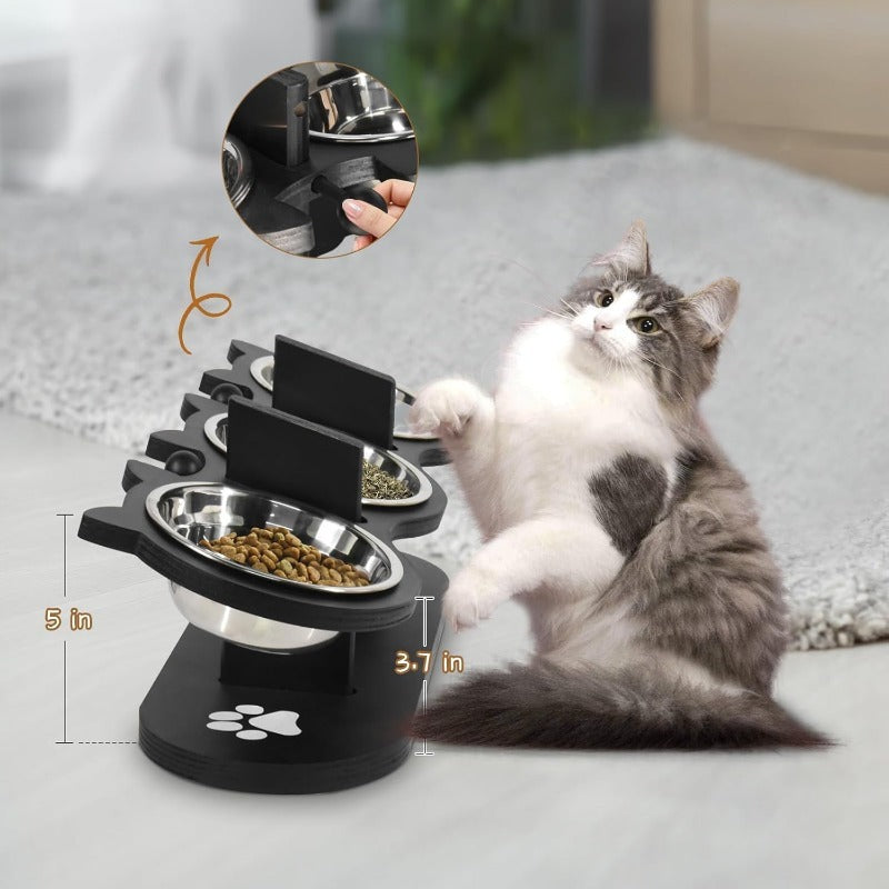 Elevated Cat Bowl Stand with Tilted Stainless Steel Bowls – Adjustable Raised Feeder, Anti-Spill, Black Wood Base for Cats & Small Dogs