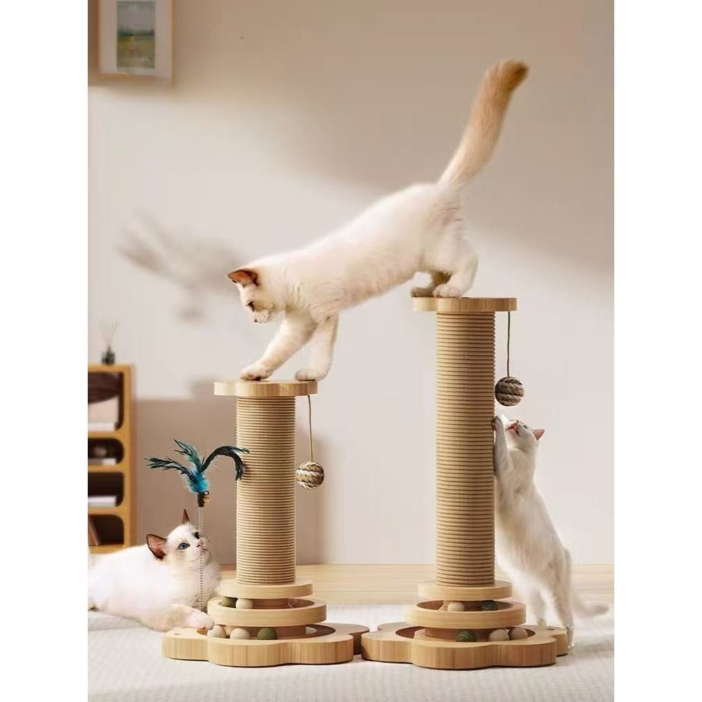 Sisal Cat Scratching Post with Hanging Ball & Turntable Interactive Toy 18.1 Inch – Sturdy Non-Slip Base Suction Cup Bottom for Kittens