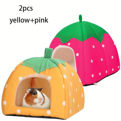 Small Animal Hideaway Bed 2pcs – Strawberry Plush Hideout for Guinea Pigs, Hamsters & Rabbits, Semi-Enclosed Warm Nest with Leaf Design