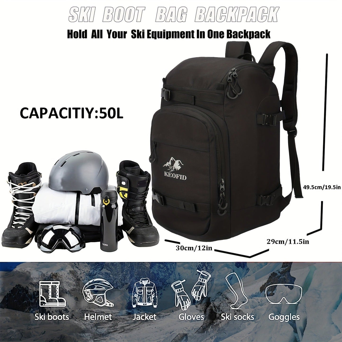 Ski Boot Bag Snowboard Backpack 40-50L Large Capacity Snow Gear Bag for Skiing Helmet Goggles Gloves Snowboard Accessories Winter Sports