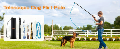 Dog Flirt Pole Telescopic – Extendable Flirt Stick with 3 Detachable Toys & Nylon Rope, Aluminum Alloy Dog Chase Toy