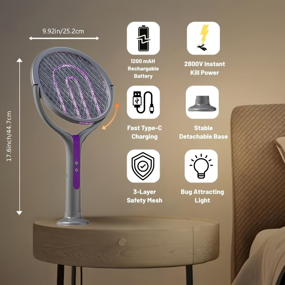 2-in-1 Mosquito Trap Lamp & Retractable Electric Fly Swatter Racket, USB Rechargeable Base