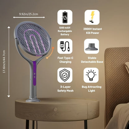 2-in-1 Mosquito Trap Lamp & Retractable Electric Fly Swatter Racket, USB Rechargeable Base