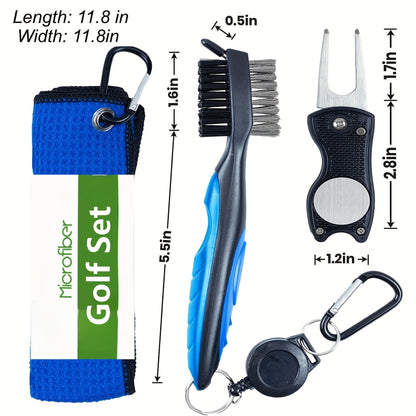 Five-Piece Golf Cleaning Set with Three Waffle Towels, Dual-Bristle Club Brush and Retractable Divot Tool