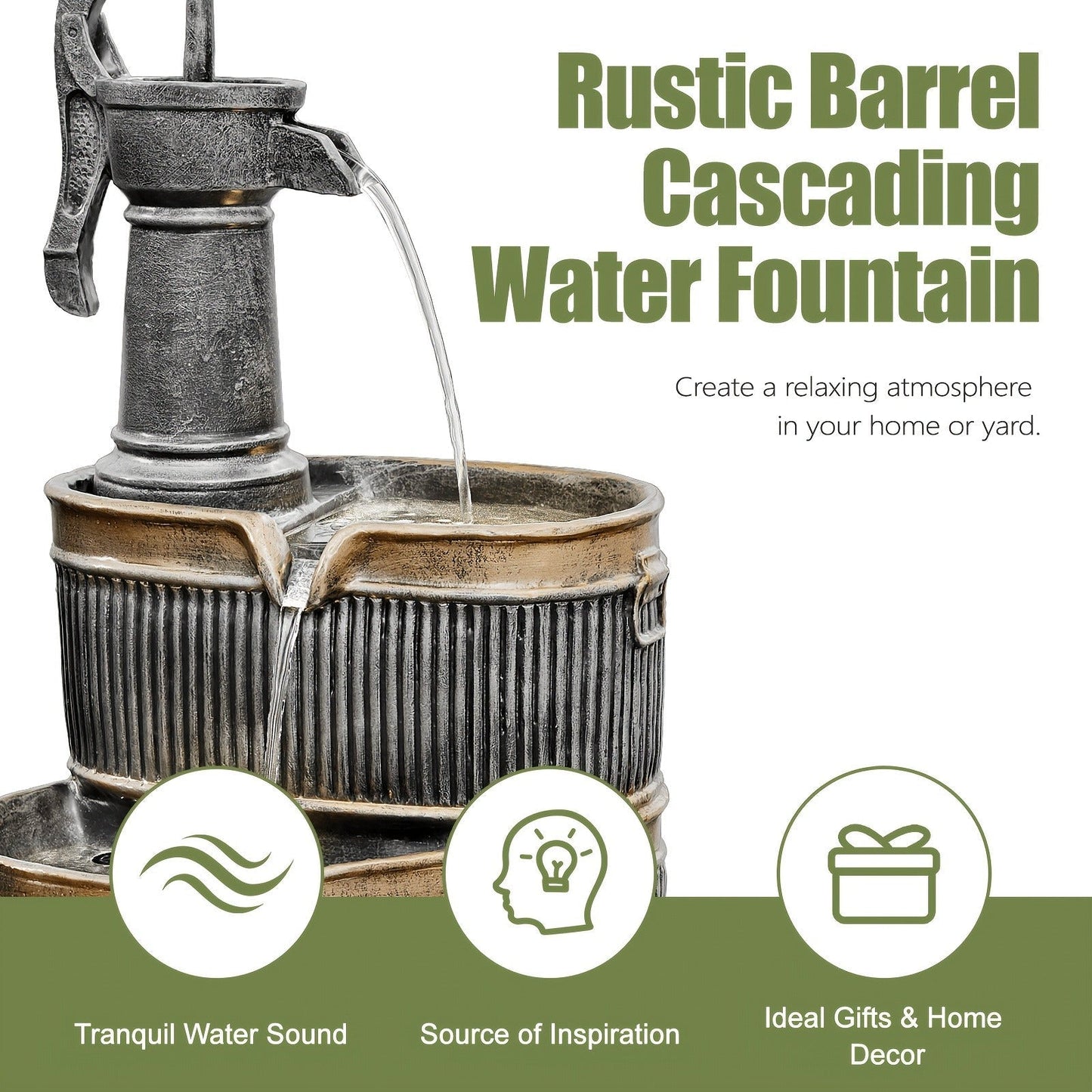 Outdoor Water Fountain 2-Tier Barrel with LED Light & Pump - Rustic Resin Garden Fountain for Patio
