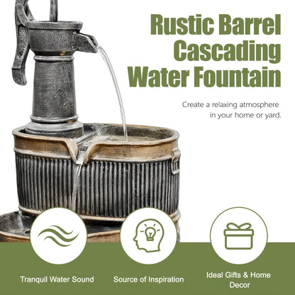 Outdoor Water Fountain 2-Tier Barrel with LED Light & Pump - Rustic Resin Garden Fountain for Patio