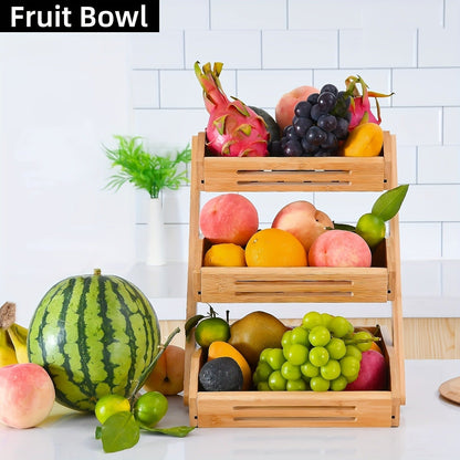 Fruit Basket Stand 2 & 3 Tier Wooden Countertop Organizer Large Capacity Kitchen Storage for Fruits Vegetables Bread Produce with Banana