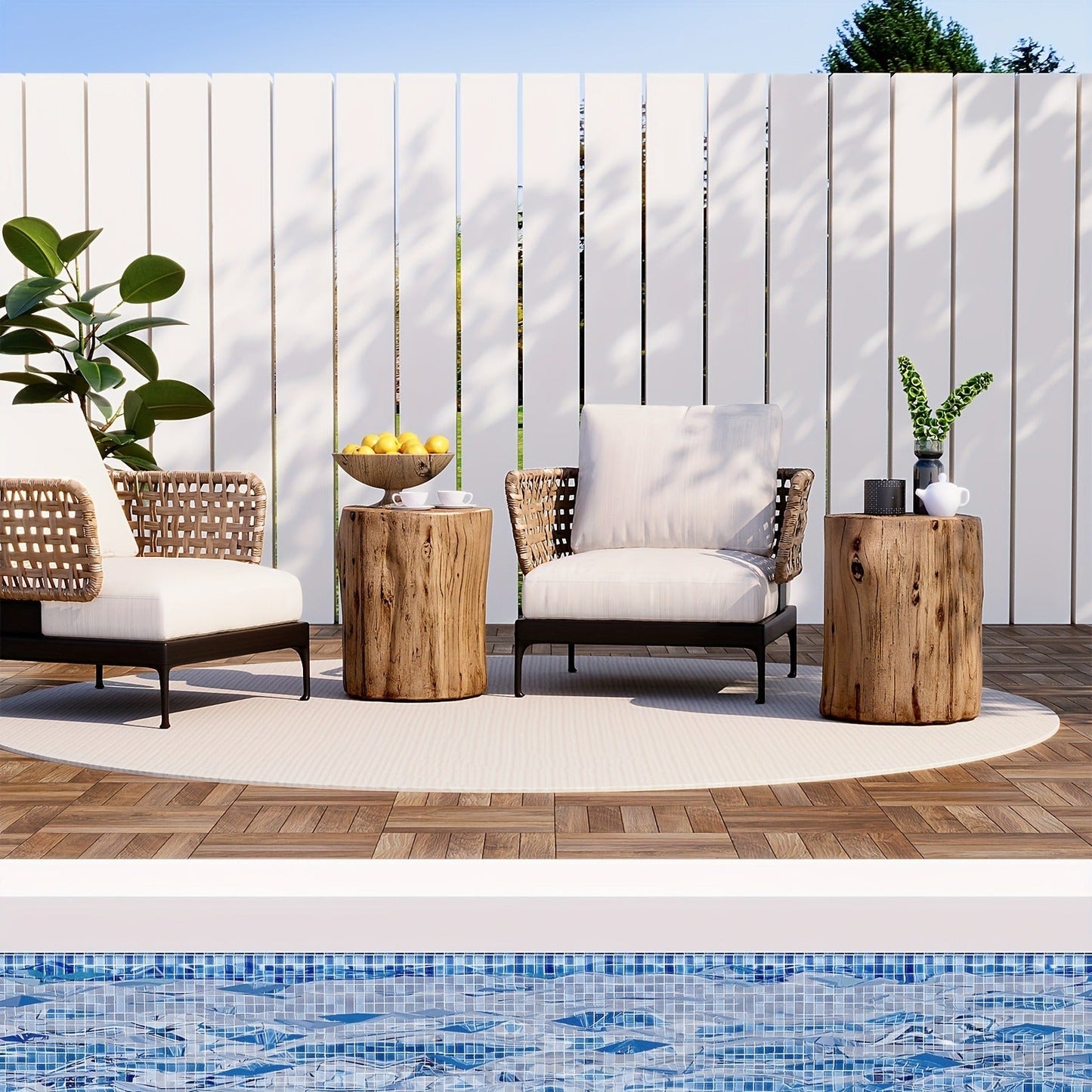 Outdoor Side Table Faux Wood Tree-Stump Design in Magnesia with Cylindrical Form and Brown Finish