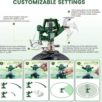 Impact Sprinkler Tripod 360° Zinc Head Lawn Yard Irrigation Flip Lock, for Garden, Lawn and Yard Watering