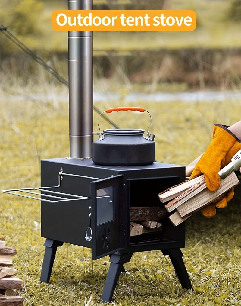 Portable Wood Stove with Chimney Pipe Set, Folding Legs, Side Shelves and Silver or Black Finish Options