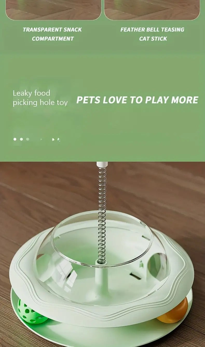 Cat Toy Spinning Food Wheel with Treat Openings, Paw-Powered Rotation and Optional Feather Attachment
