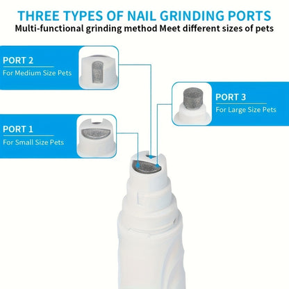 Electric Pet Nail Grinder 2-Speed 3-Port – Rechargeable Quiet Dog Cat Nail Trimmer with 3 Hour Battery Life