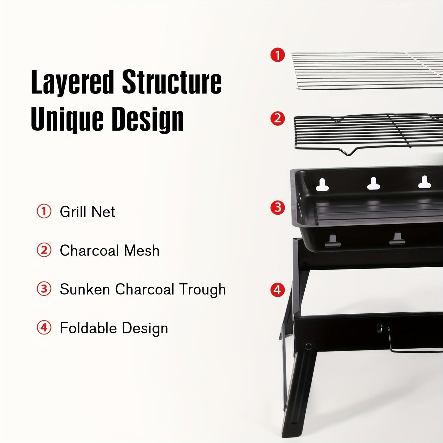 Folding Charcoal Grill with Rectangular Black Body, Layered Grate, Charcoal Mesh and Pull-Out Tray