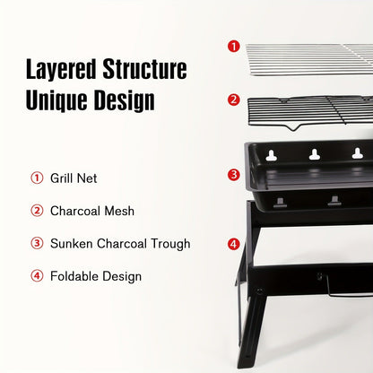Folding Charcoal Grill with Rectangular Black Body, Layered Grate, Charcoal Mesh and Pull-Out Tray