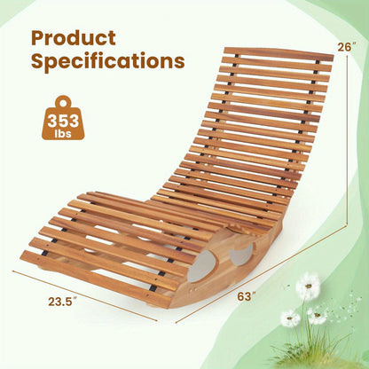 Acacia Wood Rocking Chaise Lounge Outdoor High Back Slatted Seat Stopper Patio Rocker for Deck Poolside Garden