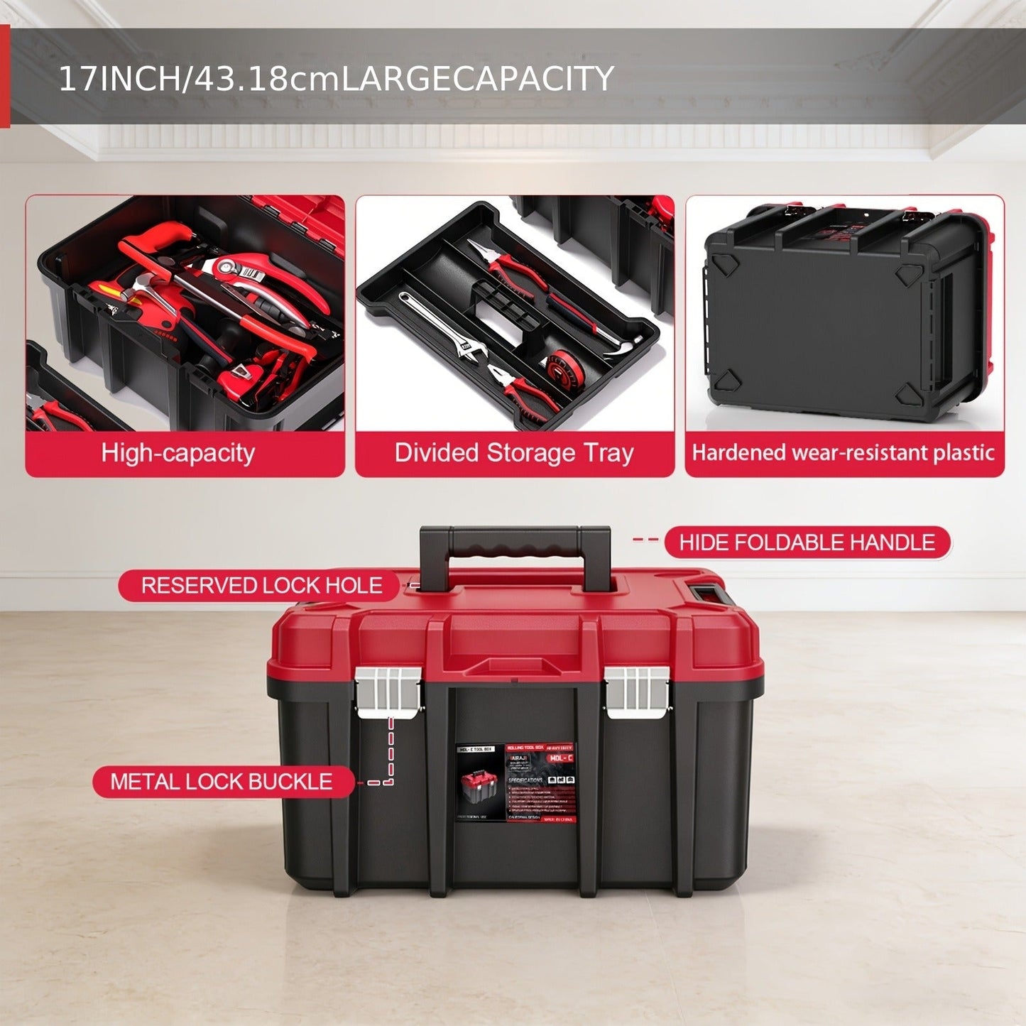 Rolling Tool Box with Wheels 3-Tier Stackable Organizer | Lockable Compartments, Connected Storage, 17" Large Plastic Toolbox for Garage