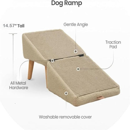Dog Ramp 2-in-1 Foldable Ottoman Pet Stairs for Sofa Bed, Solid Wood Frame Heavy-Duty Small Dog Steps with Anti-Scratch Rounded Edges