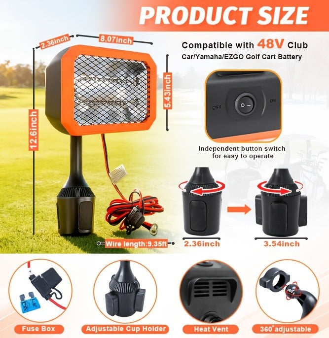 400W Electric Golf Cart Heater Carbon Fiber Fast Heating 360° Adjustable Angle Battery Powered Portable Heater with Cup Holder Adapter