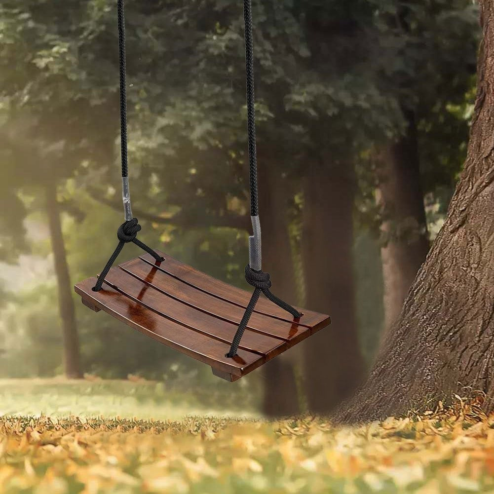 Solid Wood Outdoor Swing Seat 440LBS Capacity Adjustable Rope Length Single Seat Tree Swing for Kids Adults Backyard Garden Patio Hanging