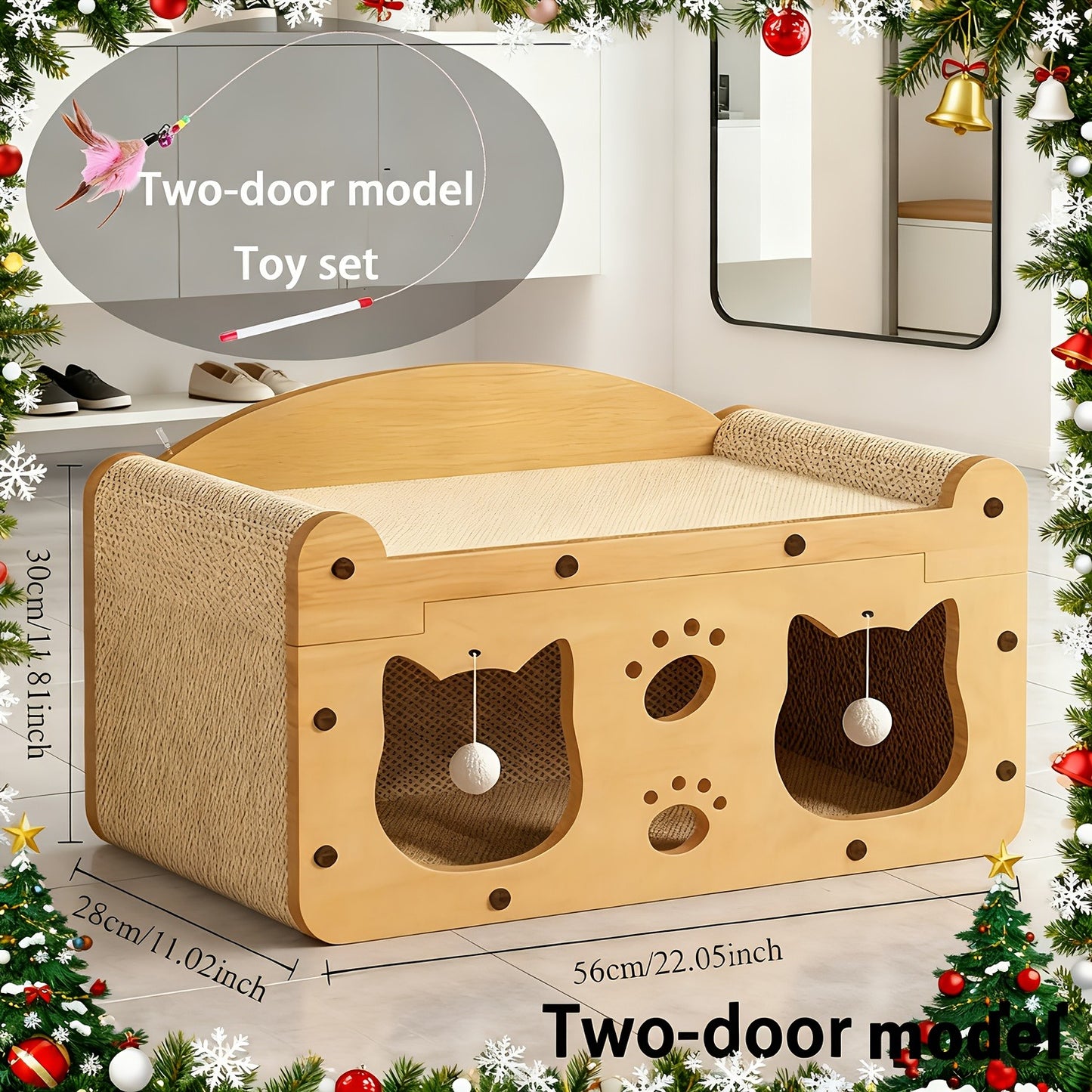 Large Cat House with Scratcher Pad & Plush Ball Toys, Ventilated Multi-Functional Indoor Outdoor Cat Shelter