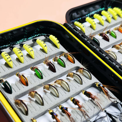 Fly Fishing Lures 72pcs Dry & Wet Flies Assortment with Fly Box – Hand-Tied 6 Patterns for Trout, Bass & Salmon, Biomimetic Bait
