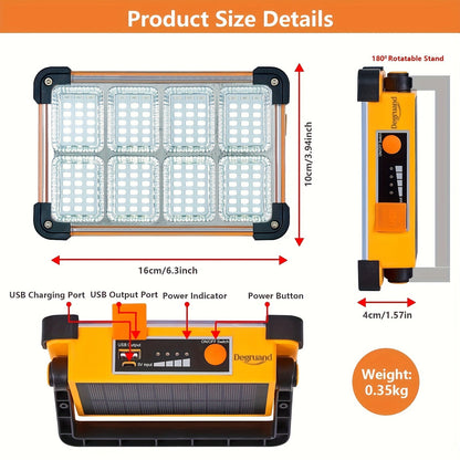 Solar Rechargeable LED Floodlight Flashlight, IP44 Waterproof 4500 Lumens Ultra-Bright Portable Camp Light