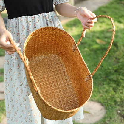Large Woven Straw Picnic Tote Basket with Long Handles, Open Top Natural-Color Outdoor Carry Design