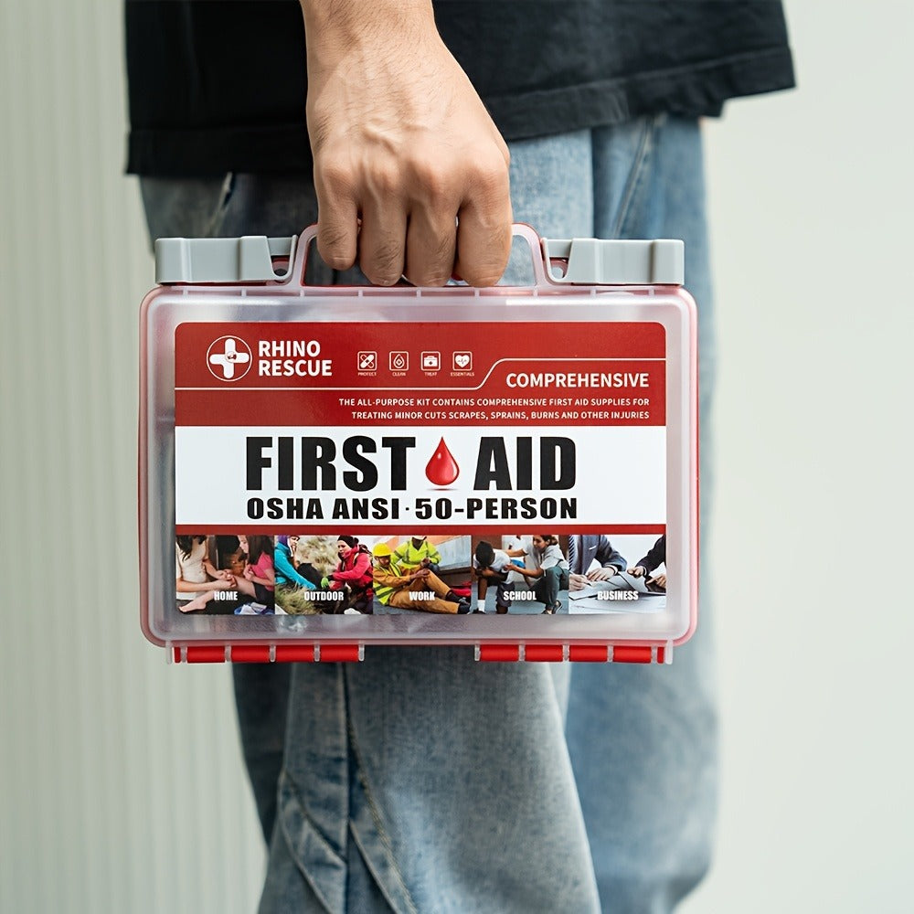 RHINO RESCUE 266-Piece First Aid Kit with Clear Handled Hard Case, Divided Trays and Packed Supplies