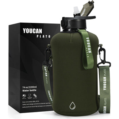 Half Gallon Water Bottle 74oz with Insulated Sleeve, Straw & Time Marker – BPA Free Leakproof Large Sports Jug with Carrying Handle & Strap