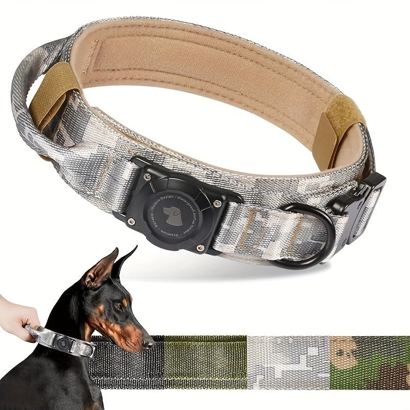 Tactical Dog Collar with Handle and Round Tracker Holder Case in Nine Colors and Sizes M to XL