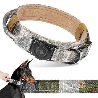 Tactical Dog Collar with Handle and Round Tracker Holder Case in Nine Colors and Sizes M to XL