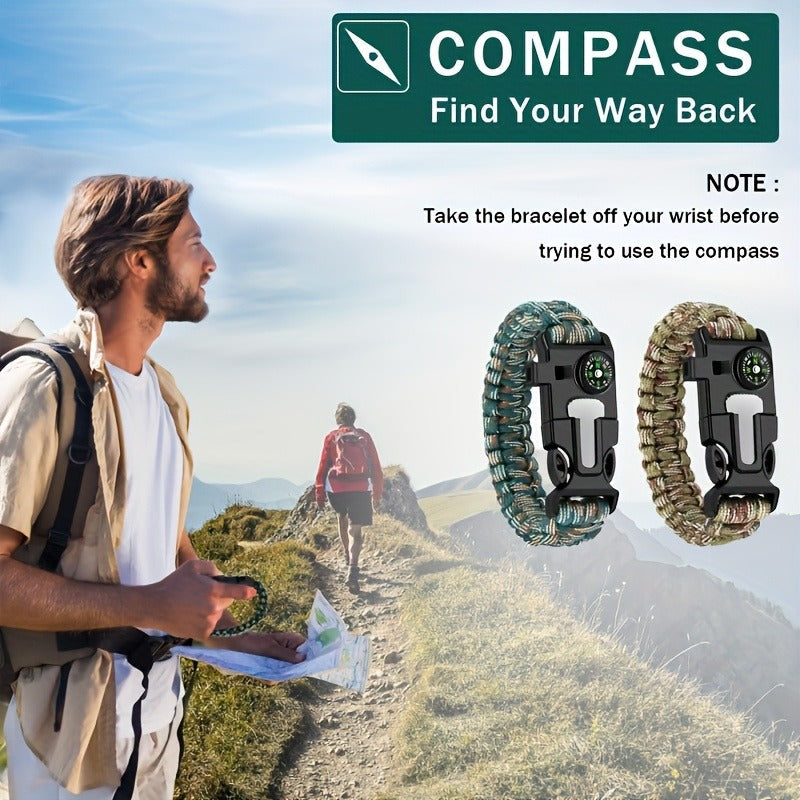 Paracord Survival Bracelet 2-Pack – 5-in-1 Tactical Emergency Bracelet with Fire Starter, Compass, Loud Whistle & Scraper