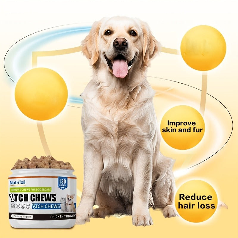 Pet Soft Chews for Skin & Hair, Probiotics & Calming – 200g / 130 Chewable Tablets, Moisturizes Skin, Maintains Coat