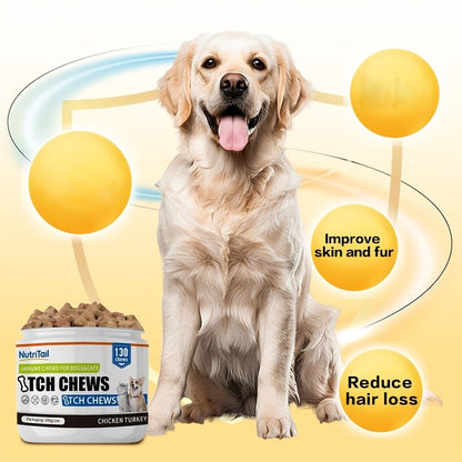 Pet Soft Chews for Skin & Hair, Probiotics & Calming – 200g / 130 Chewable Tablets, Moisturizes Skin, Maintains Coat