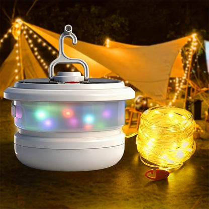 Solar Camping Lantern with Retractable 32.8ft String Lights, Six Modes, USB-C Port and Hand Crank