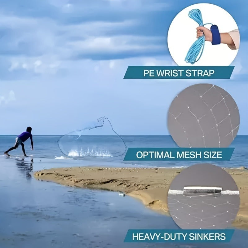 Throw Cast Net 8FT 10FT Transparent Thread Nylon Mesh 3/8in, Galvanized Zinc Sinkers 26ft PE Braid Hand Line No-Ring Design for Shrimp Bait