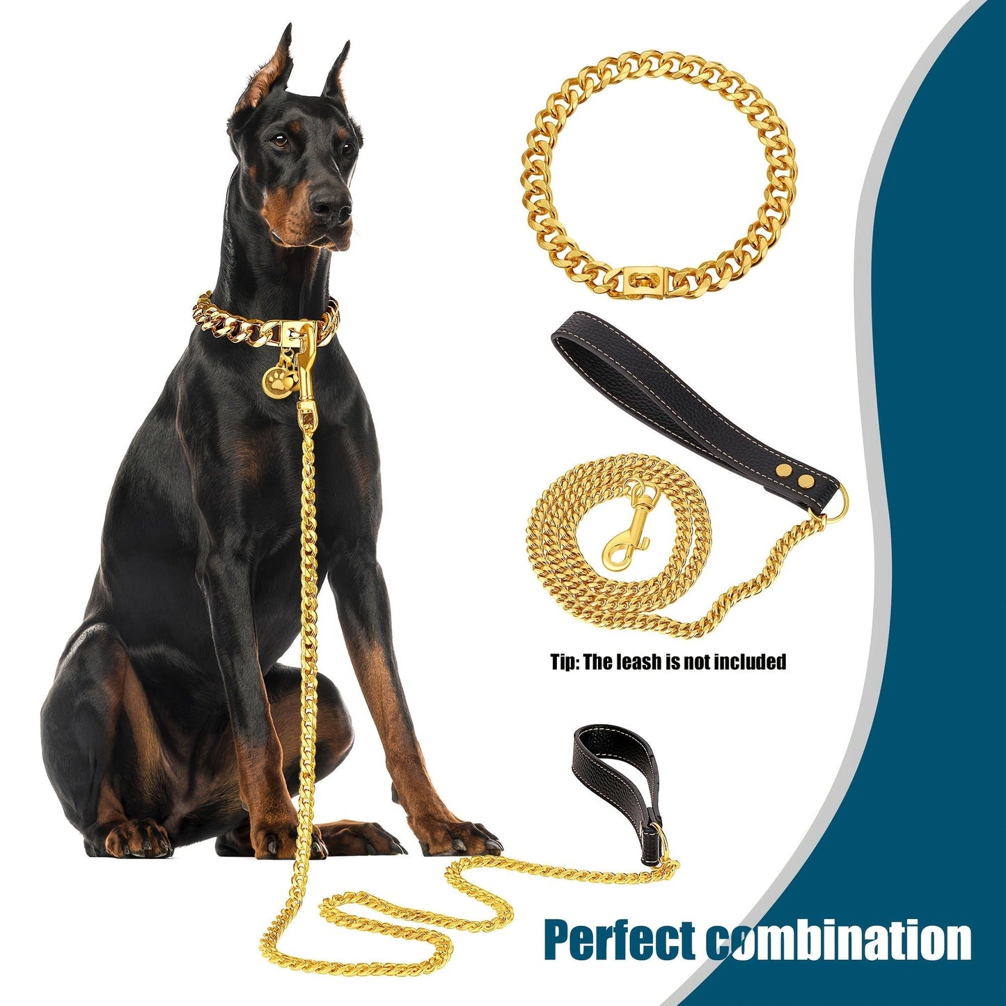 Gold-Color Cuban Link Dog Chain Collar with Paw and Bell Charms in Six Lengths from 16 to 26 Inches