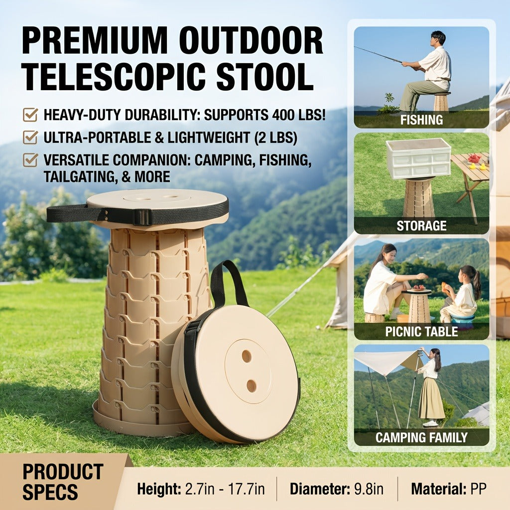 Collapsible Folding Camping Stool 2pcs | Max Load 400lbs Portable Telescopic Stool | Compact Plastic Seat for Travel Camping Hiking Fishing