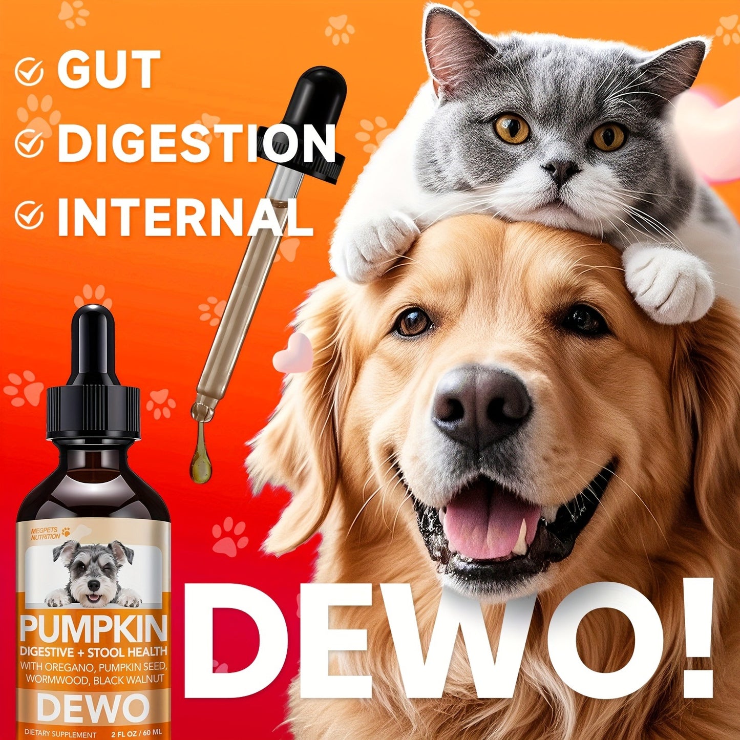 Pet Gut Wellness Drops with Black Walnut & Pumpkin Seed – Digestive Supplement for Dogs & Cats, Flora Balance