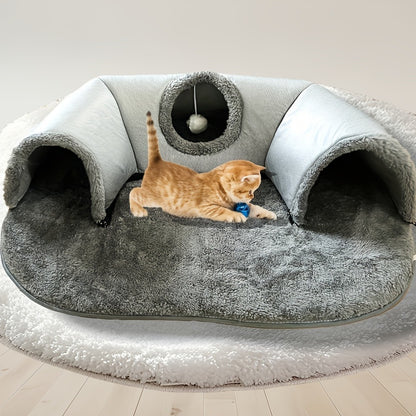 Cat Tunnel Bed 3-in-1 Play Mat & Warm Nest with Non-Slip Base, Durable Chew-Resistant Polyester Cat Bed for Indoor Cats