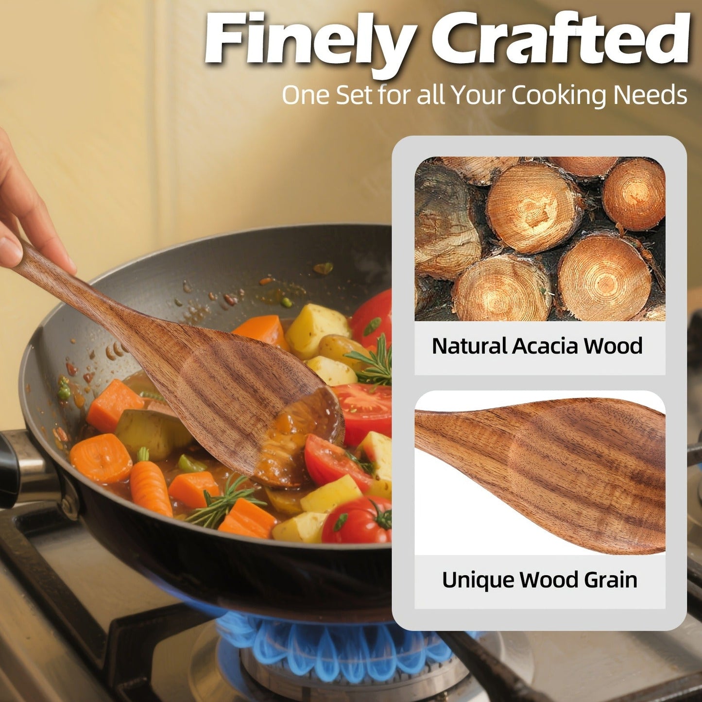 Wooden Cooking Utensils Set 6 Piece – Teak Wood Non-Stick Kitchen Tools with Comfortable Grip | Sturdy, Lightweight & Heat-Resistant