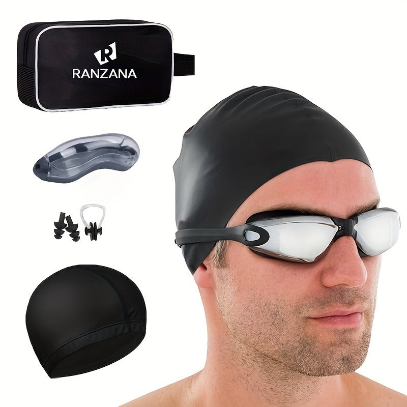 Adult Swimming Goggles Six-Piece Set with Black Silver-Look Lenses, Swim Cap, Case, Nose Clip, Earplugs and Bag